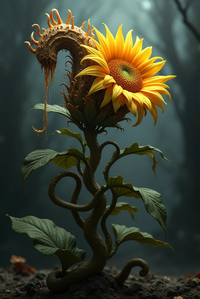 A flower from hell intertwined with a sunflower
