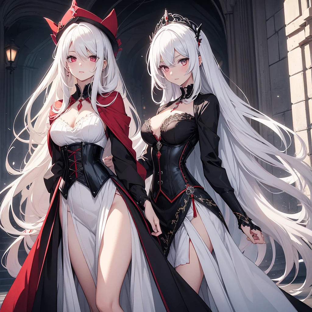 beautiful illustration, illustration style. Style ilustration anime. Alone. 1 girl, excellent quality, fine details, delicate details, 1 woman, girl alone.
beautiful girl, has a slim figure. Her skin is pale and without blemishes. Her hair is long, Wavy, platinum white that reaches to the hips. His eyes red color. enigmatic aura. friendly expression. Medium to large breasts.
Long dresses in black tones, White and red, often with a corset. His robes are dark and flowing, adorned with magical details and antique jewels. She always wears a necklace with a red stone pendant. Black witch hat.