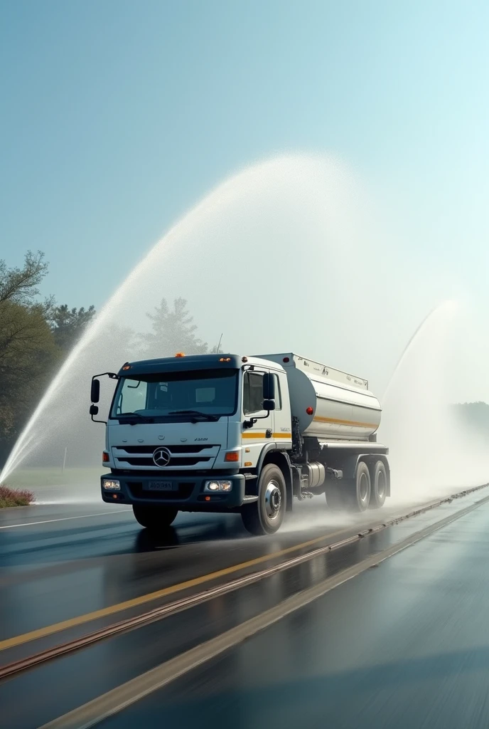 A sprinkler truck is spraying water on a horizontal road at a constant speed.,Side view