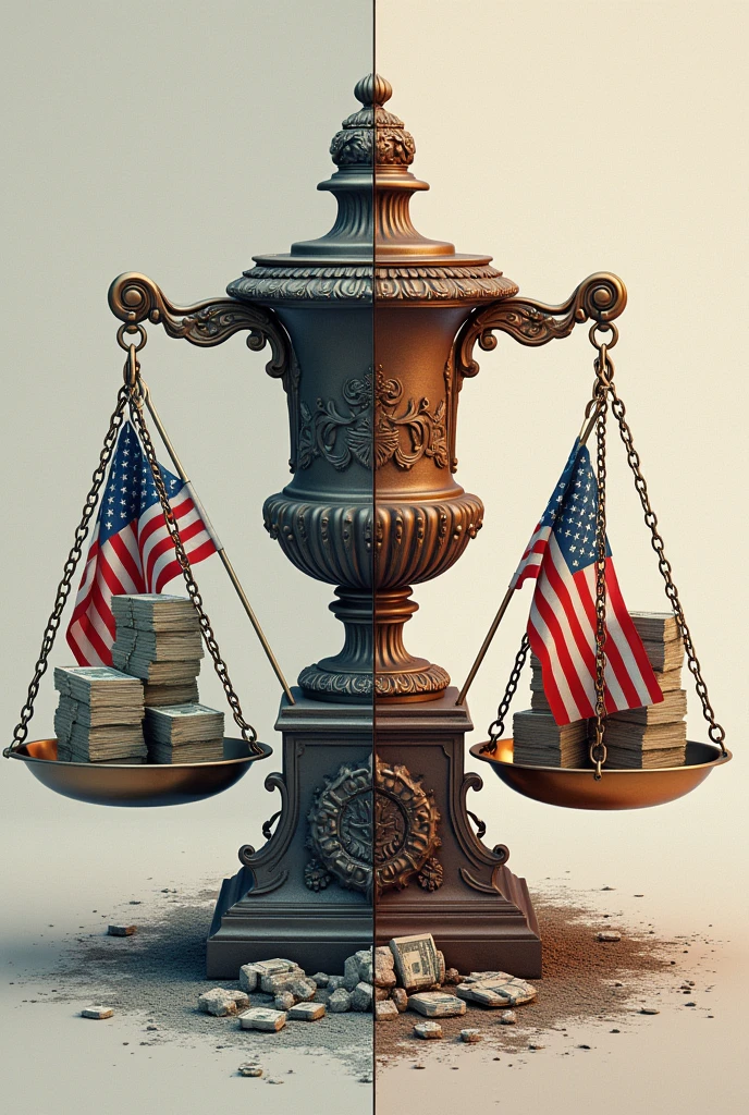 a scale: On one side, the symbols of democracy (an urn, flag) and the other, the symbols of challenges (money, inequality, fake news).