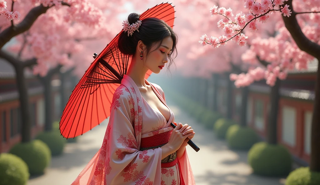 beautiful japanese woman with big breasts in revealing kimono сад сакура зонт в руках