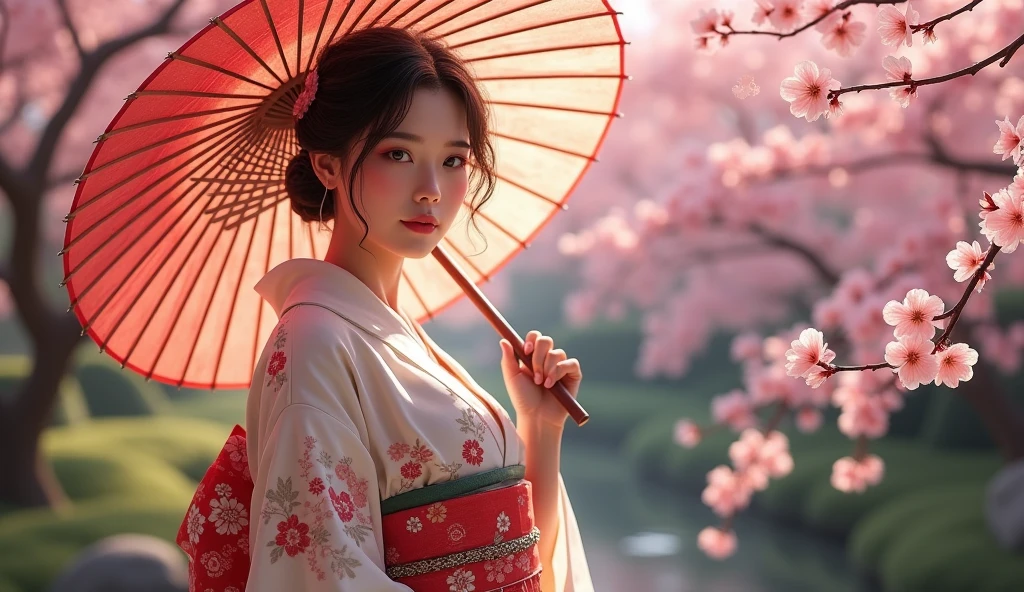 beautiful japanese woman with big breasts in revealing kimono сад сакура зонт в руках