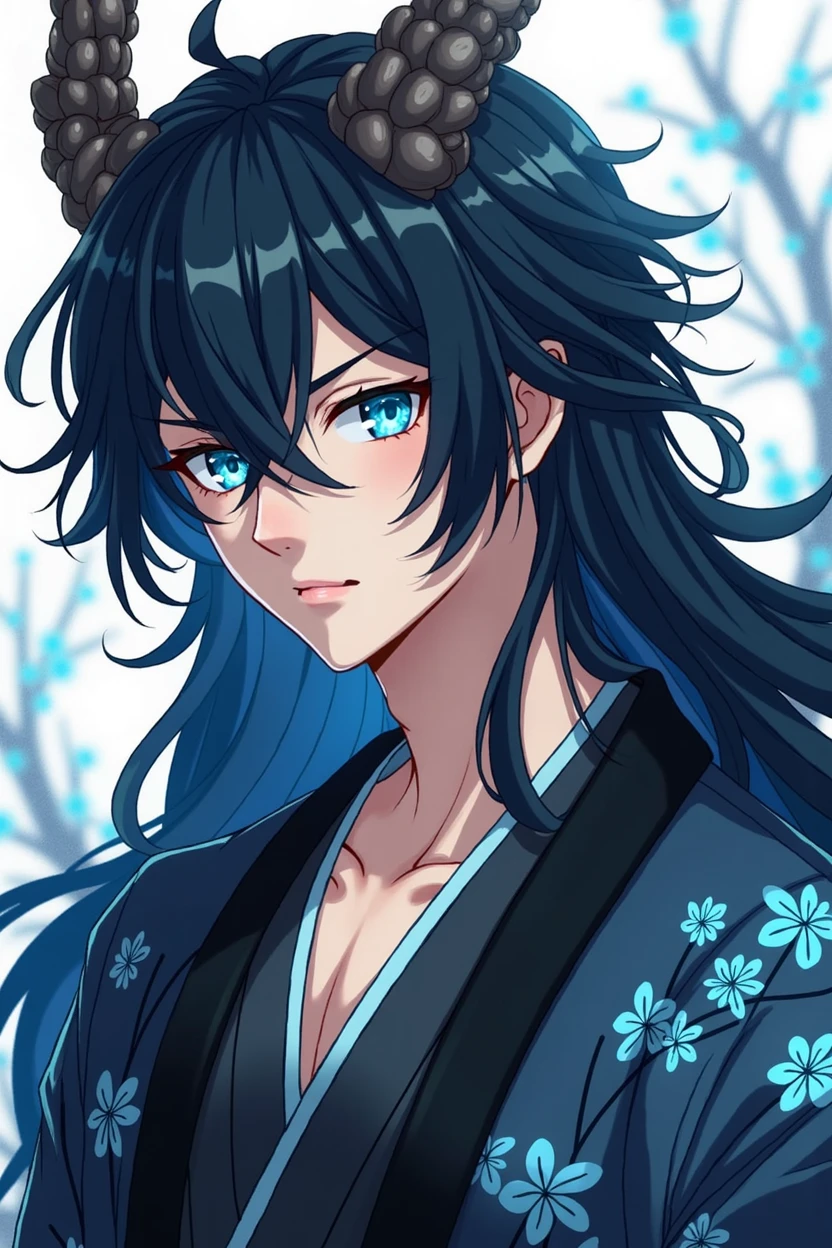 (handsome man with long black hair,Crystal Blue Eyes Japanese Dragon Hybrid,with tail and rounded horns like branches,black haori with sky blue cherry print,anime style blue scales )