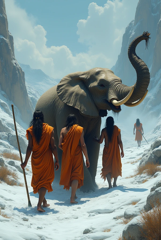 Few people of ice age with orange dhoti carrying the only the head of a dead elephant 