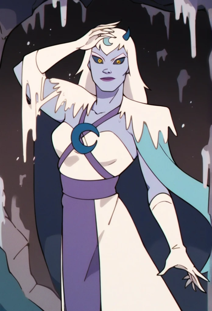 score_9, score_8_up, score_7_up, score_6_up, score_5_up, score_4_up, a girl in the frozen cave,  chilla, thundercats, icicles, standing,  colored skin, cape, white hair, long hair, solo,  black sclera, yellow eyes,  score_9, source_anime