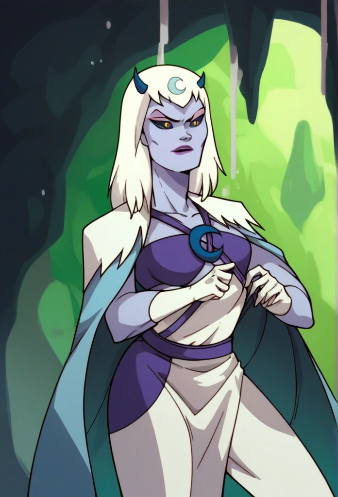score_9, score_8_up, score_7_up, score_6_up, score_5_up, score_4_up, a girl in the frozen cave, chilla, thundercats, icicles, standing, colored skin, cape, white hair, long hair, solo, black sclera, yellow eyes, score_9, source_anime