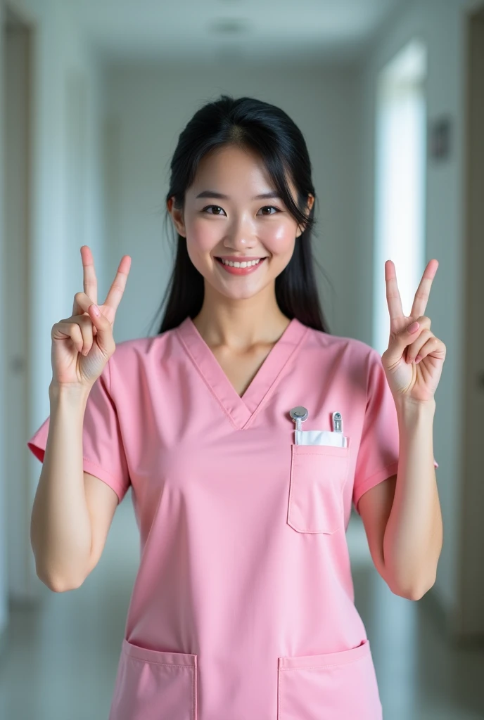 photograph, woman making peace signs on top of head, smiling beautiful Japanese female nurse wearing pink scrubs, hourglass figure, beautiful detailed face, black hair, pale skin, fair skin, realistic skin, detailed cloth texture, detailed hair texture, Perfect proportion, Anatomically correct, Highly detailed face and skin texture, private modern hospital room, looking at viewer, asian face , perfect anatomy, realistic