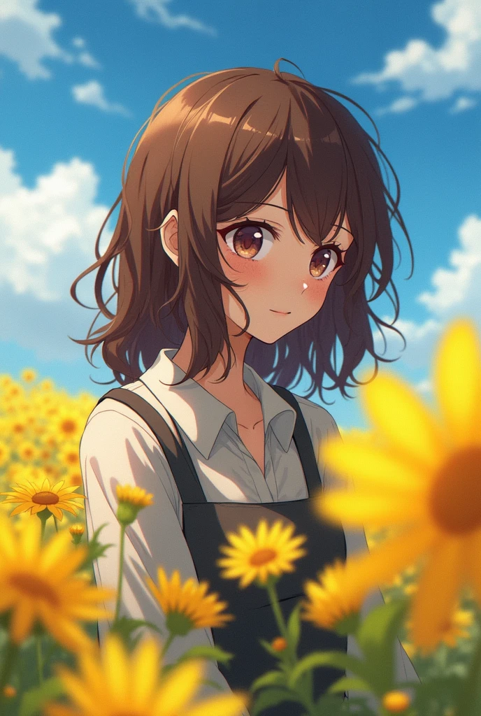 anime style girl, brooding, lopus pose, brownhair, wavy hair, black leagwear, freckles, she is on the side, anime style, lot of details, the scenery is a beautiful field of yellow flowers and blue sky, lopus pose, estilo anime com lot of details e efeito de luz e sombra