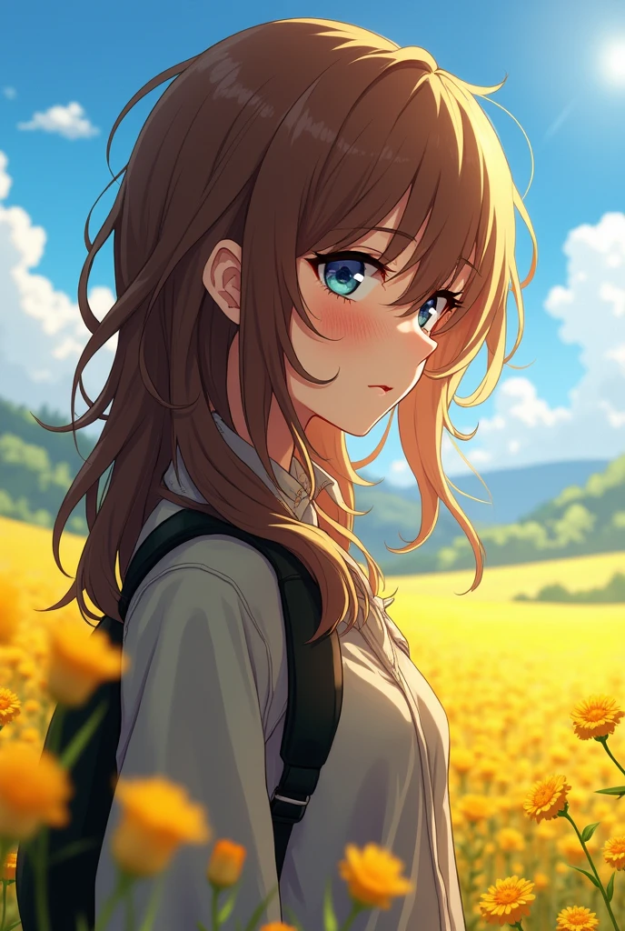 anime style girl, brooding, lopus pose, brownhair, wavy hair, black leagwear, freckles, she is on the side, anime style, lot of details, the scenery is a beautiful field of yellow flowers and blue sky, lopus pose, estilo anime com lot of details e efeito de luz e sombra