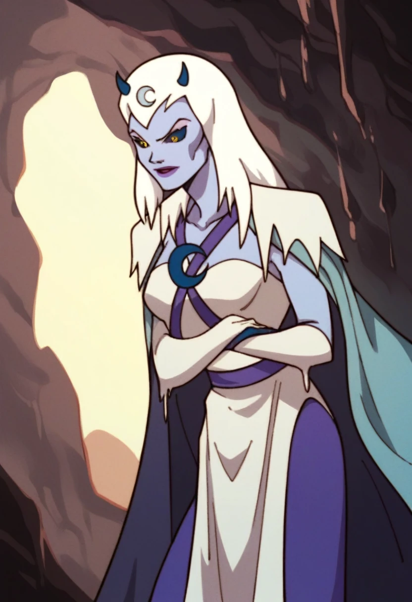 score_9, score_8_up, score_7_up, score_6_up, score_5_up, score_4_up, a girl in the frozen cave,  chilla, thundercats, icicles, standing,  colored skin, cape, white hair, long hair, solo,  black sclera, yellow eyes,  score_9, source_anime
