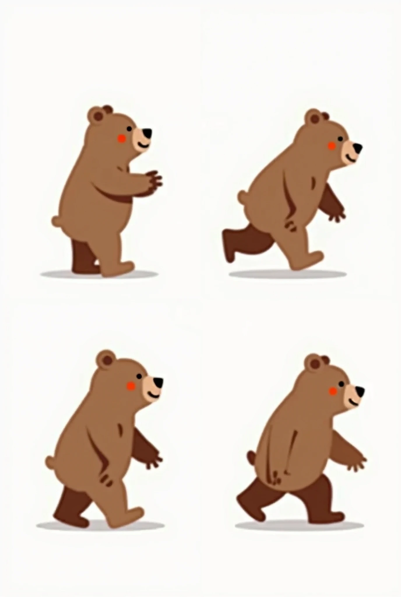 Make me 4 small brown bears, They must be equal, one still, one walking with one foot, one walking with the other foot and one jumping, All 4 are on a white background and should look pixelated