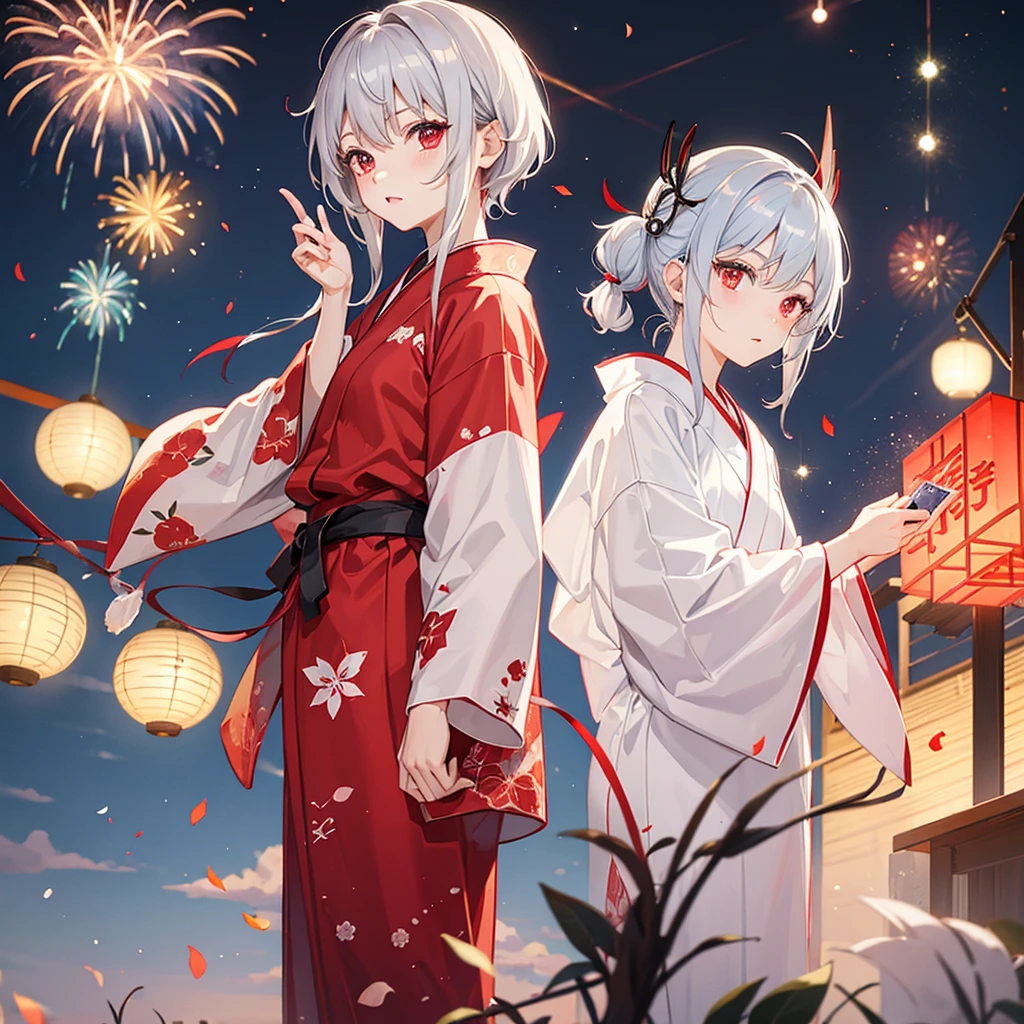 One Man、Gray Hair、Red eyes、yukata(cool)、boyish、firework