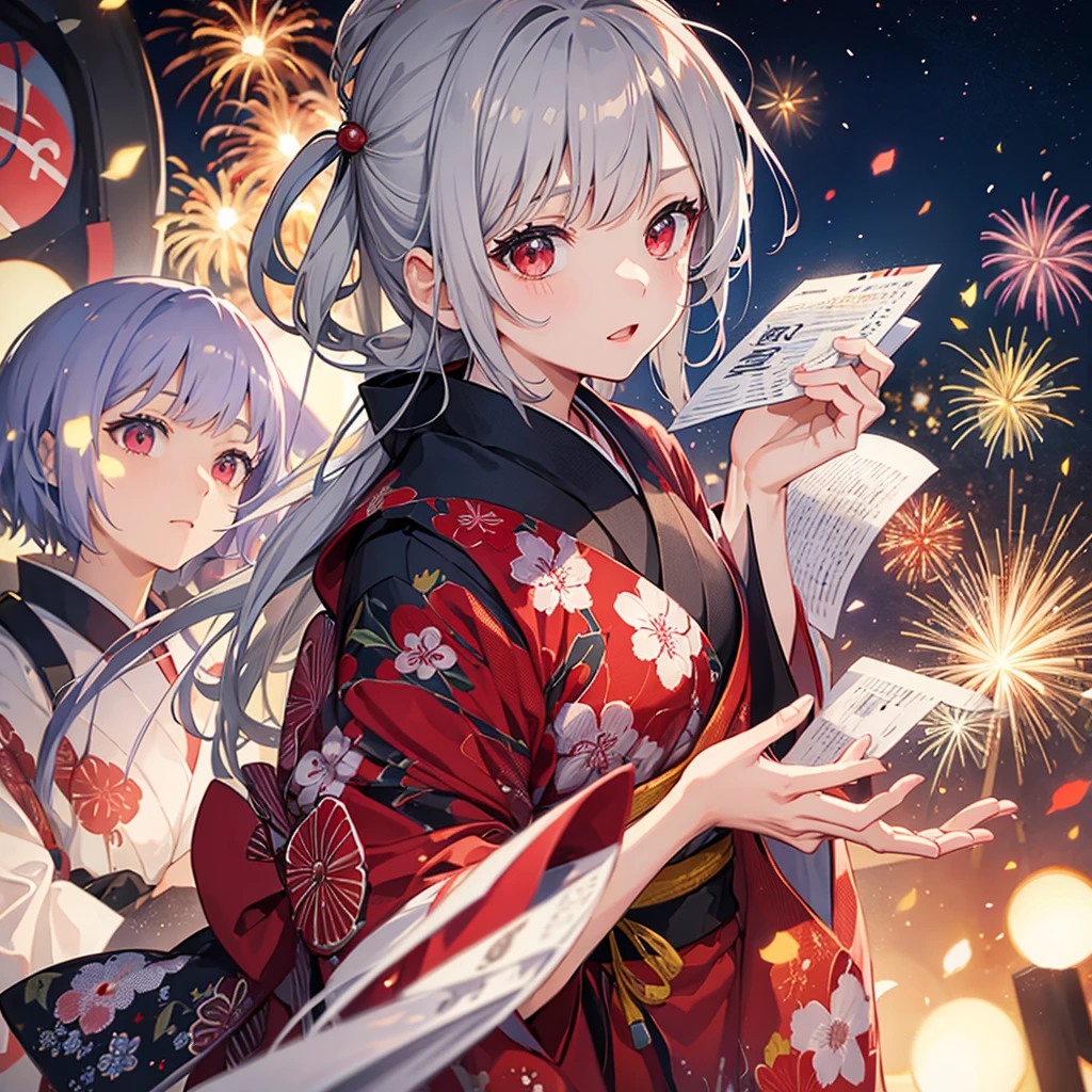 One Man、Gray Hair、Red eyes、yukata(cool)、boyish、firework