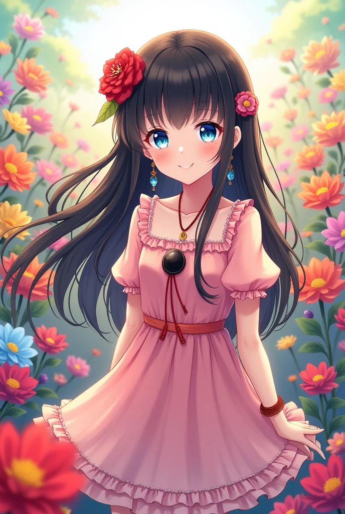(masterpiece), (best quality), illustration, ultra detailed, hdr, Depth of flower field, colorful,[sheya],hiten_(hitenkei),[Nachoneko], nai3 Style, a smiling girl wearing pink frilled dress with ribbon, black long hair ornament and a red flower on her hair, blue eyes, she's wearing necklace and earrings with bangle, stand and looking at viewer, puffy long sleeves, colourful flowers, frills, blush, floral background, cowboy shot