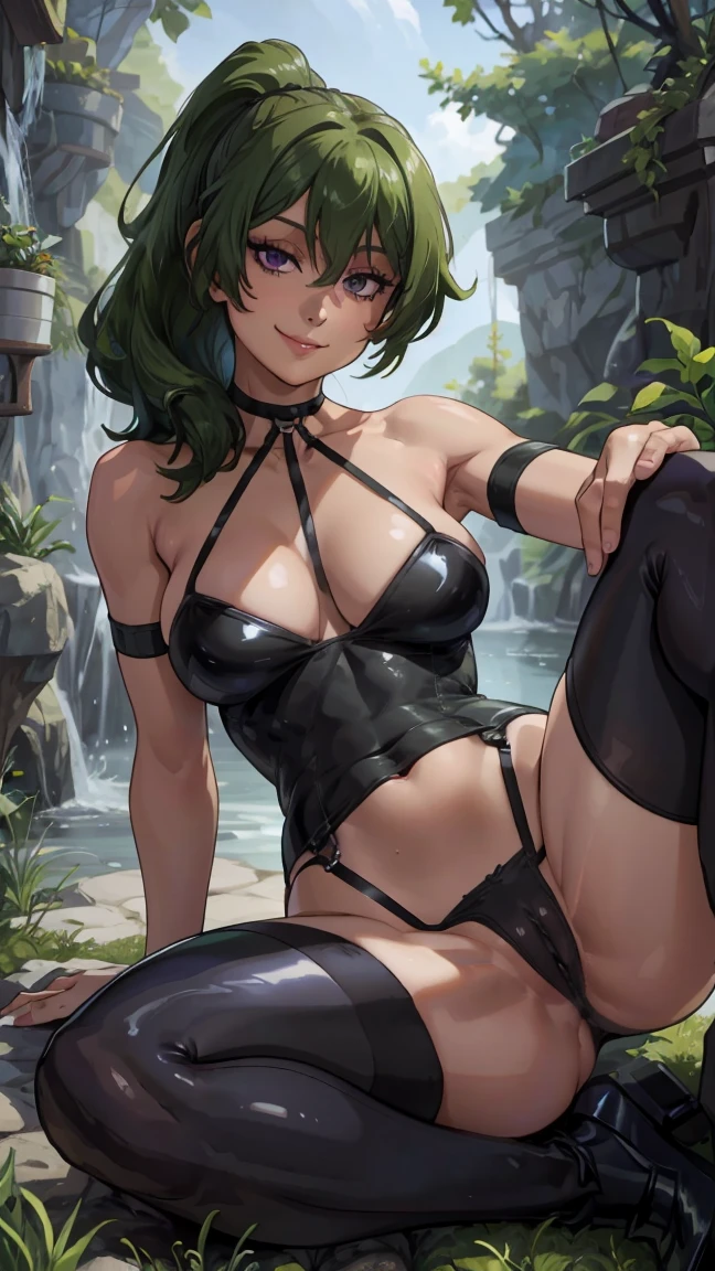 Übel, (Best quality:1.3), (4K quality), ((detailed face)),((smile)), ((skinny body)), Green hairs, (beautiful breasts), ponytail haircuts on the side of her head, cleavage, sexy, (((ecchi)) ), Skinny girl, skinny muscular woman, skinny body, perfect body, sexy skinny body, purple eyes, sexy slang, legs open, nsfw,, hairy vagina, pov, sitting on the viewer, nature background, pantyhose latex