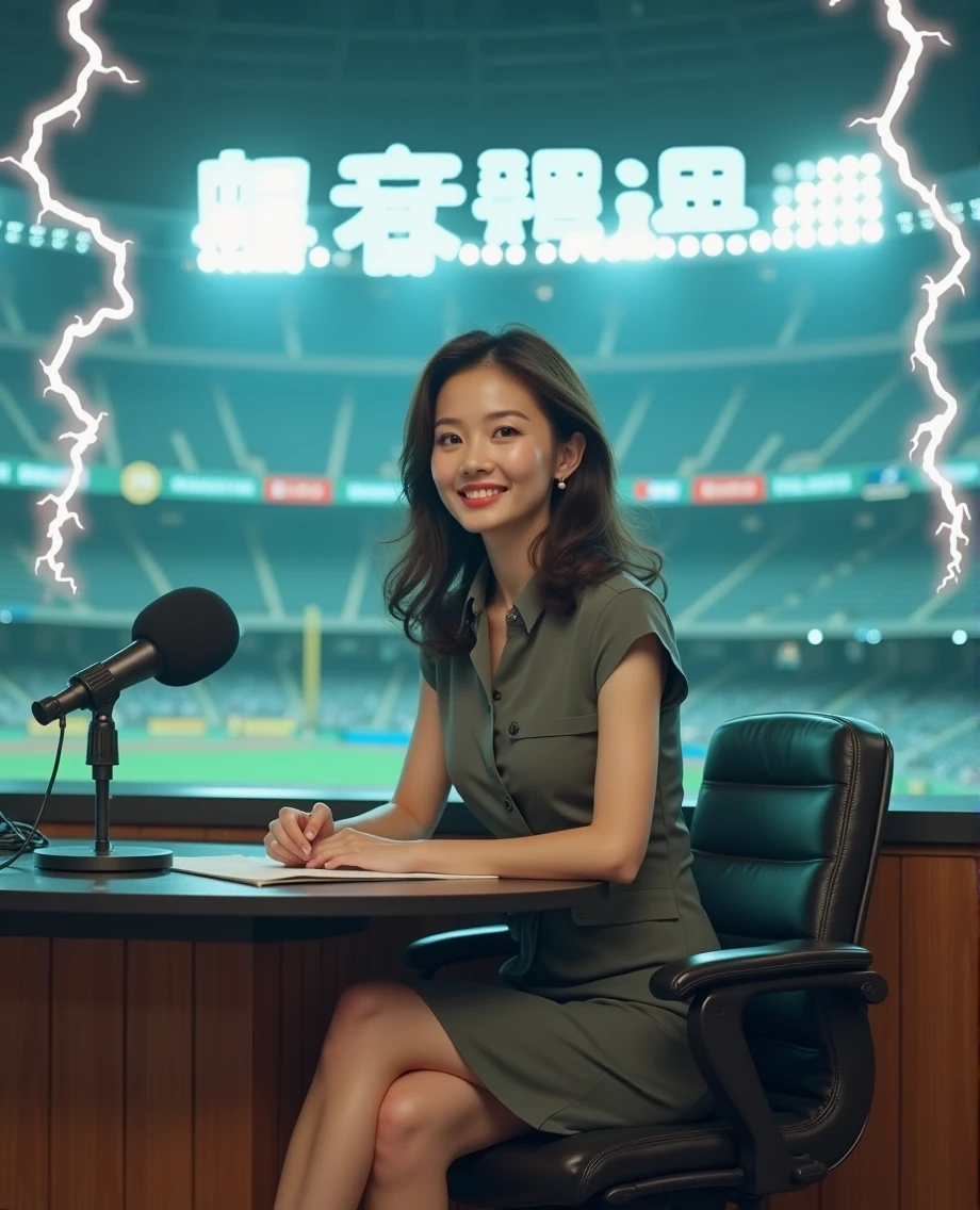 (((photograph、Realistic)))Woman sitting at a desk in front of a microphone, instagramart, Shinhanga, baseball stadium during a game, bright atmosphere, Tokyo Dome, covered!!, official media, toriyama akira, lightning!! (((photo, Photorealism))) Adult video poster layout, (((on-screen text: "The current female announcer of that famous baseball team makes a shocking AV debut!!"))), (((DVD mark, Blu-ray mark))).
