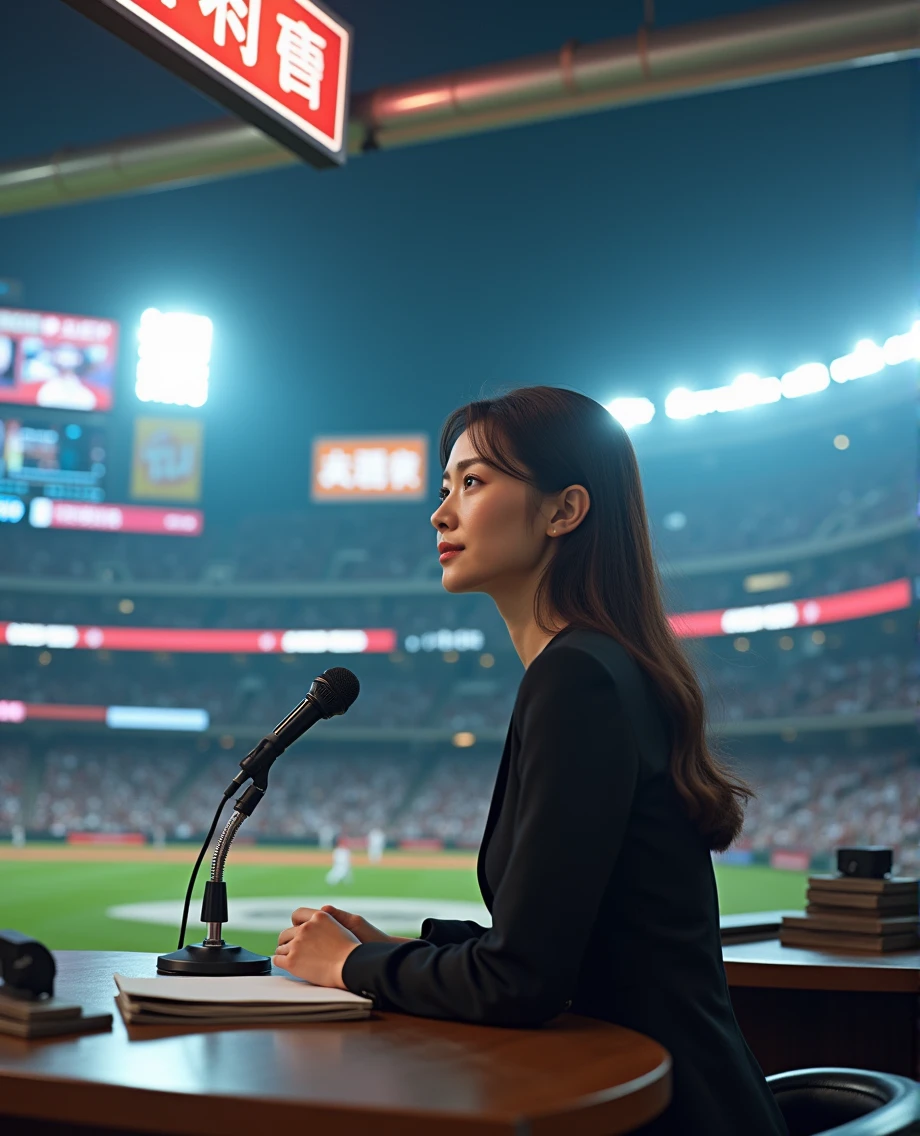 (((photograph、Realistic)))Woman sitting at a desk in front of a microphone, instagramart, Shinhanga, baseball stadium during a game, bright atmosphere, Tokyo Dome, covered!!, official media, toriyama akira, lightning!! (((photo, Photorealism))) Adult video poster layout, (((on-screen text: "The current female announcer of that famous baseball team makes a shocking AV debut!!"))), (((DVD mark, Blu-ray mark))).