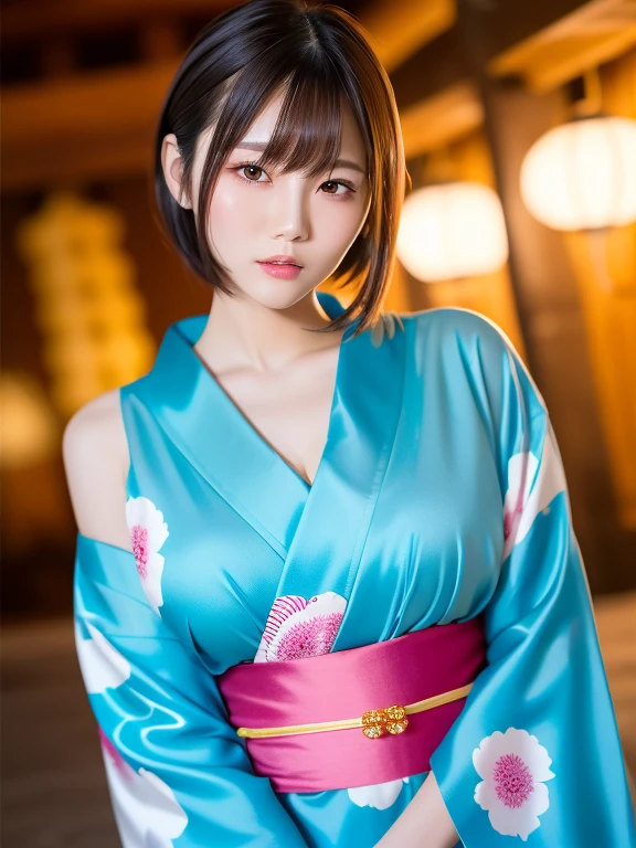(Highest quality: 1.5), (Genuine: 1.5), (1 person: 1.5), Medium Shot, (Very detailed), (High resolution), 8k, Medium chest, Natural color lips, Japanese women, 24-year-old girl, Thin eyebrows, Beautiful and elegant features, Cute Face, arched Thin eyebrows, (big, Balanced Eyes), Big eyes, Fair skin, Beautiful and elegant features, Natural Bangs, Beautiful and thin nose, Beautiful Skin , Medium Bob Hair, Natural Bangs, Perfect and beautiful facial features, Slim face and figure, (Bright lighting), Professional Lighting, (Front lighting), Outdoor, Beautiful breastsの谷間, Solo Girl, Cute and sexy 24 year old woman, slim Japanese women, Fair skin, (Sexy look), (yukata), (Mid-chest), High-class obi, Beautiful clavicle, High-class yukata, Beautiful shoulders, Beautiful breasts, Beautiful breasts A yukata that shows off her cleavage (Colorful fireworks are set off at the night festival), summer,Open chest