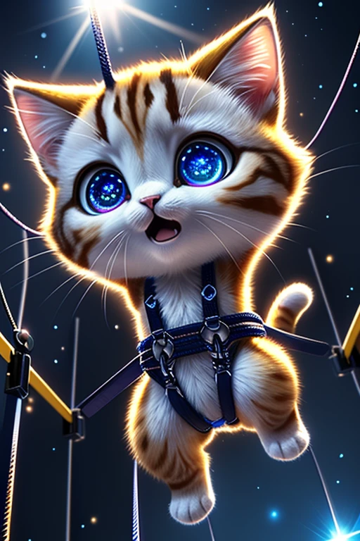 (Highest quality、masterpiece、8k))、Anatomically correct、Very detailed、High resolution、Cinematic lighting、Realistic、((Beautiful, sparkling, detailed eyes))、Intricate details、((Dynamic composition))、Cute kitten、Big head、Surprised face、Oh my God、((bungee jumping))、you tube