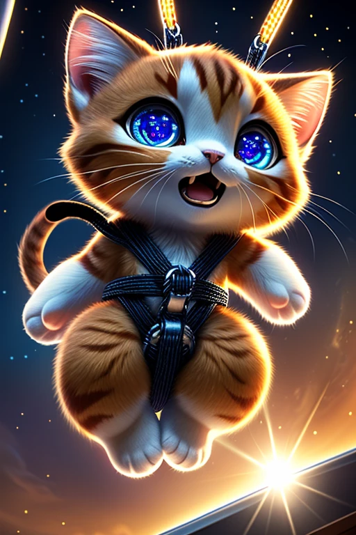 (Highest quality、masterpiece、8k))、Anatomically correct、Very detailed、High resolution、Cinematic lighting、Realistic、((Beautiful, sparkling, detailed eyes))、Intricate details、((Dynamic composition))、Cute kitten、Big head、Surprised face、Oh my God、((bungee jumping))、you tube