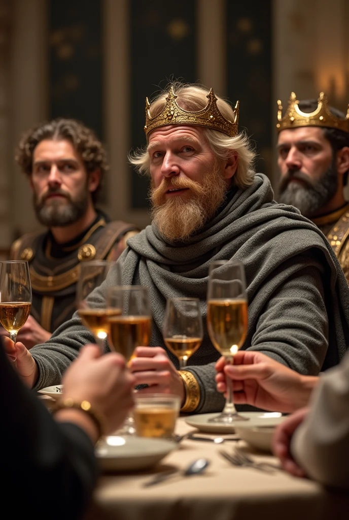 A blond emperor of Germanic appearance, with a crown and gray cloak, with his courtiers, generals and officials of Byzantine appearance and aesthetics, celebrating happiness with glasses of wine, in a palace, of medieval and gothic futuristic science fiction appearance, at a table during the early hours of the morning
