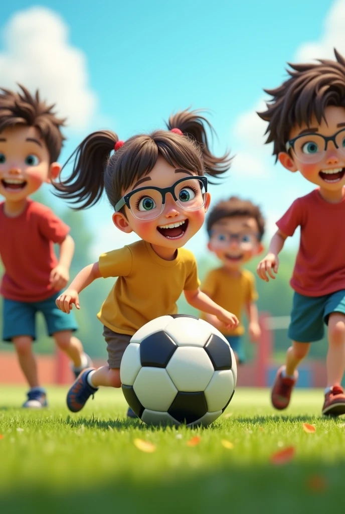 (photorealism:1.2), kids wearing clear lens sports glasses with head strap playing football at playground
