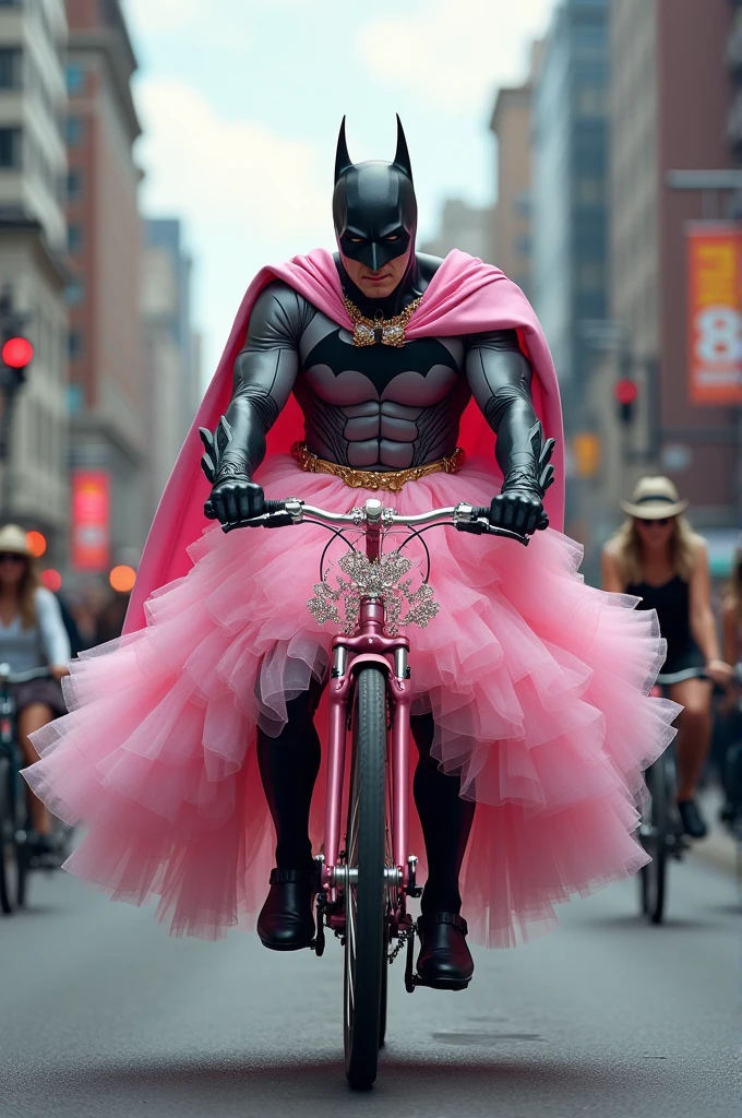 Batman with pink princess outfit, cycling