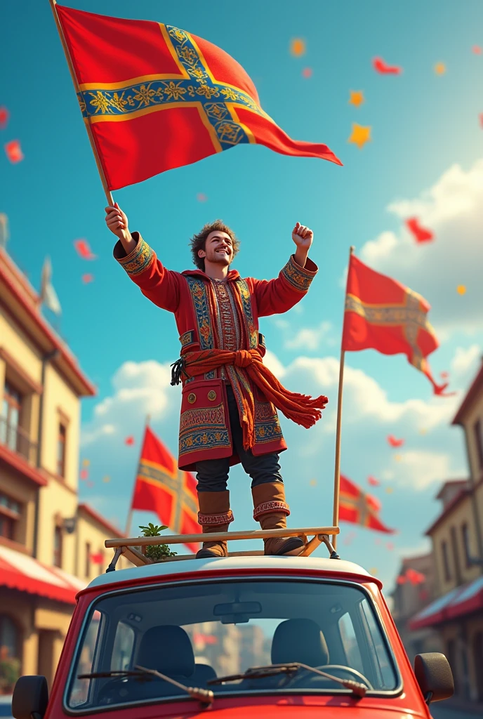 August young man on the car and flags shirt on the Sami prince name