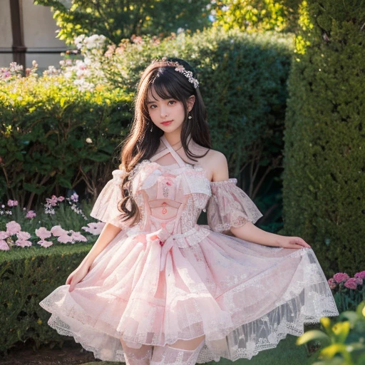 best quality, Delicate face，beautiful visual work, lifelike, eternity, black hair, Long curly hair, blunt bangs, Smile, Detailed Background, Delicate face，blush，cold，((masterpiece))、(top quality)、8k、high detail、Super detailed，31-year-old female，lolita dress, layered dress, Lots of bows on the dress,Pink dress,masterpiece、born、Scenes resembling fairy tale illustrations、intricate details和複雜的設計、Beautifully、magic、capricious、 Beautifully、Dream aesthetics、「𝓡𝓸𝓶𝓪𝓷𝓽𝓲𝓬、ethereal、charming、fickle、magic」、realism、Visual effects、FXAA、SSAO、Shader、voiceless、ambient lighting、Tone mapping、High resolution、Ultra high quality、Million pixels、(8K resolution:1.10)、8k、8k以下、8K resolution、high detail、intricate details， (high quality:1.2、masterpiece:1.2、:1.21)、(31-year-old female:1.21)、(興奮地Smile)、(被dreamy atmosphere所包圍、Model diagram，full-body shot，Normal 2 feet，Put your hands behind you，The protrusion of the breast is visible when wearing clothes, Large Breasts, H cup chest, in the garden,
Pink skirt, Pink loli dress, layered skirt, Lolita style long skirt,layered dress lace-trimmed 裙子, decorate, lace, Long sleeve, Puff sleeves, Wide sleeves, Transparent sleeves, Detailed Background, White knee socks, pink shoes，Lots of lace，((​masterpiece))、(top quality)、8k、high detail、Super detailed、穿着Pink loli dress((dreamy atmosphere:1.1))，masterpiece、born、Scenes resembling fairy tale illustrations、intricate details展示了洛麗塔連身裙的荷葉邊和複雜的設計，Baotou shoes