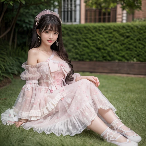 best quality, Delicate face，beautiful visual work, lifelike, eternity, black hair, Long curly hair, blunt bangs, Smile, Detailed Background, Delicate face，blush，cold，((masterpiece))、(top quality)、8k、high detail、Super detailed，31-year-old female，lolita dress, layered dress, Lots of bows on the dress,Pink dress,masterpiece、born、Scenes resembling fairy tale illustrations、intricate details和複雜的設計、Beautifully、magic、capricious、 Beautifully、Dream aesthetics、「𝓡𝓸𝓶𝓪𝓷𝓽𝓲𝓬、ethereal、charming、fickle、magic」、realism、Visual effects、FXAA、SSAO、Shader、voiceless、ambient lighting、Tone mapping、High resolution、Ultra high quality、Million pixels、(8K resolution:1.10)、8k、8k以下、8K resolution、high detail、intricate details， (high quality:1.2、masterpiece:1.2、:1.21)、(31-year-old female:1.21)、(興奮地Smile)、(被dreamy atmosphere所包圍、Model diagram，full-body shot，Normal 2 feet，Put your hands behind you，The protrusion of the breast is visible when wearing clothes, Large Breasts, H cup chest, in the garden,
Pink skirt, Pink loli dress, layered skirt, Lolita style long skirt,layered dress lace-trimmed 裙子, decorate, lace, Long sleeve, Puff sleeves, Wide sleeves, Transparent sleeves, Detailed Background, White knee socks, pink shoes，Lots of lace，((​masterpiece))、(top quality)、8k、high detail、Super detailed、穿着Pink loli dress((dreamy atmosphere:1.1))，masterpiece、born、Scenes resembling fairy tale illustrations、intricate details展示了洛麗塔連身裙的荷葉邊和複雜的設計，Baotou shoes