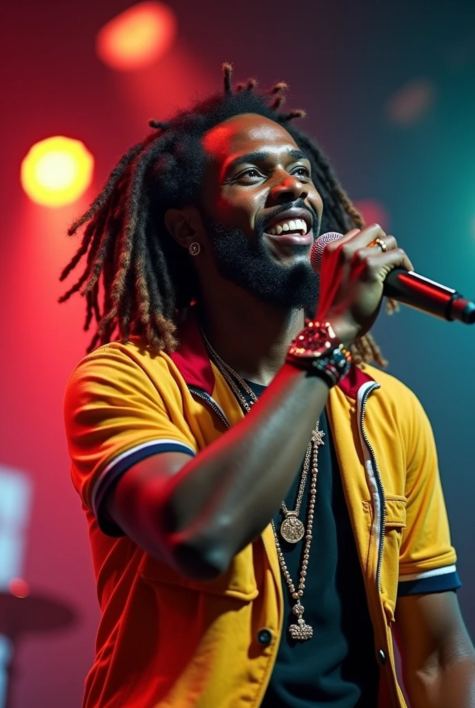Jamaican reggae artist popcaan with microphone on his hand