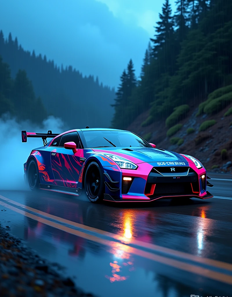 Blue text in a 3D font that spells out "GTR Nismo" at the top of the picture above the GTR Nismo, (masterpiece), best quality, ultra-detailed, 8K), 2024 GTR Nismo, street racing-inspired, Drifting inspired, LED, ((Twin headlights)), (((Bright neon color racing stripes))), (Black racing wheels), Wheel spin showing motion, Show car in motion, Burnout, wide body kit, modified car, racing livery, masterpiece, best quality, realistic, ultra highres, (((depth of field))), (full dual color neon lights:1.2), (hard dual color lighting:1.4), (detailed background), (masterpiece:1.2), (ultra detailed), (best quality), intricate, comprehensive cinematic, magical photography, (gradients), glossy, Drifting, going fast, night, bright yellow headlights, setting USA Oregon's Mountain roads, No text on signs, Late night time, Set in a rain storm with lightning,1 car., Nature, model shoot style, Fast action style, Sideways drifting in to a turn, Red and black cars, Night with galaxy sky, Fast action style, fire out of tail pipes, Sideways drifting in to a turn, Neon galaxy metallic paint with race stripes, aesthetic, intricate, realistic, cinematic lighting, Neon Paint, streaks of fire,