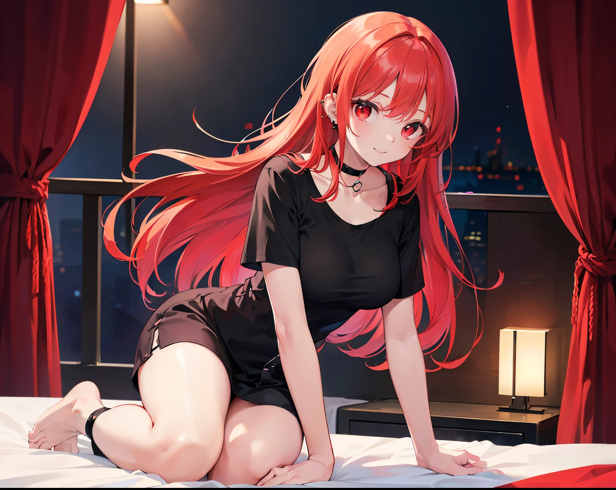Realistic,Highest quality, Ultra Detail, High-quality CG rendering, The most delicate and beautiful, Floating softly, High resolution, (1 girl), (Highest quality,4K,8k,masterpiece:1.2),(Bright Red Hair:1.5), (semi-long:1.5),(Red eyes:1.5),(Slightly larger breasts:1.2),(Black oversized short sleeve t-shirt:1.5),(Piercing in left ear:1.3),Inside the room,smile,bed,(bedに座っている:1.3),(Pitch black choker:1.5),(whole body:1.3)