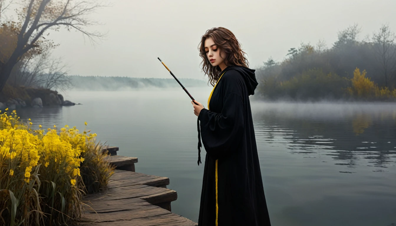 ((masterpiece, Fantasy,He has one eye closed and is painting., Girl)), Brown wavy hair,Shoulder-length hair, Black hooded robe,assassin, Yellow Eyes, Lakeside, fog