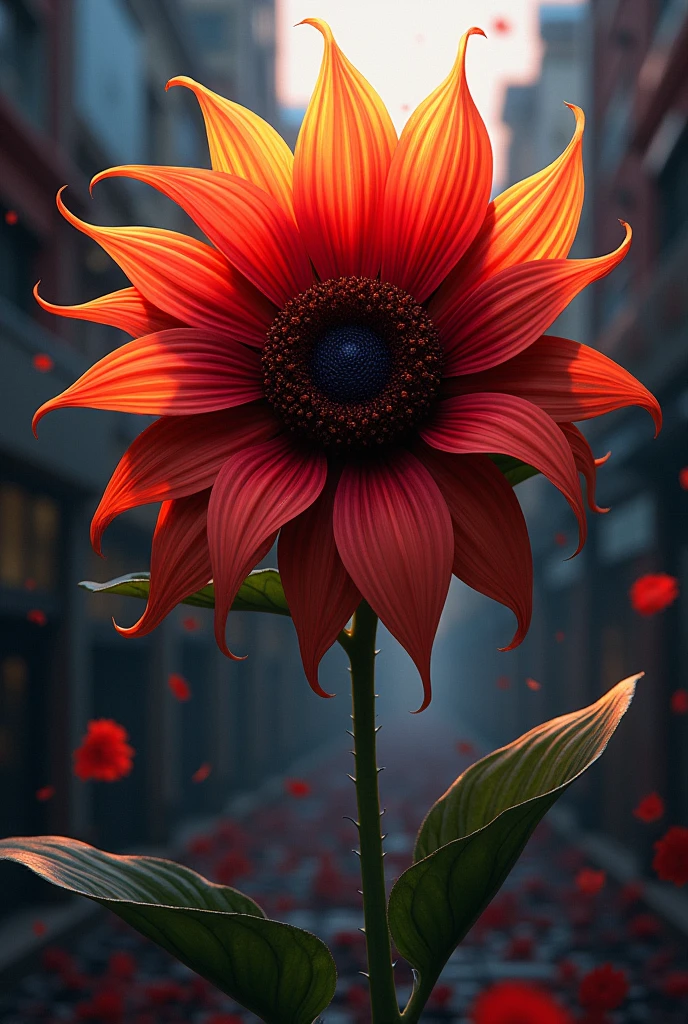 A red hell flower from the Tokyo Ghoul anime intertwined with a sunflower