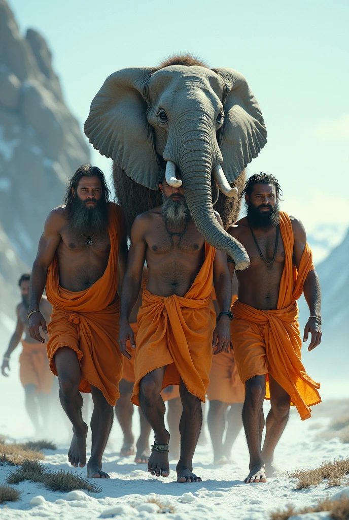 Few people of ice age with orange dhoti carrying the only the head of a dead elephant