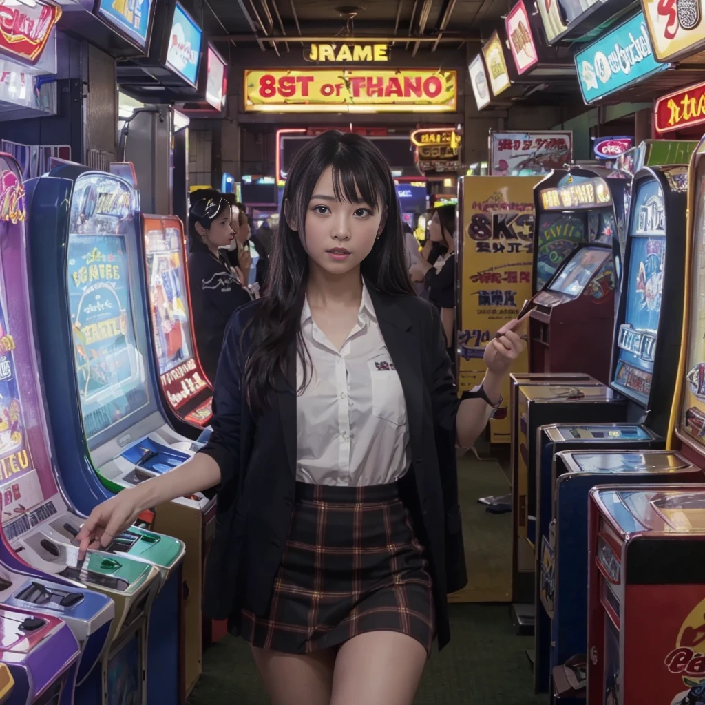 
((Highest quality、8k resolution、Masterpiece、Portraiture:1.3)), Photorealistic, organize, 35mm film, 2 Japanese women, Two or more delinquent high school girls, Ultra mini skirt、Pussy、tits、(Old game center: 1.3), Spread your legs, Lots of arcade machines, Dark Background