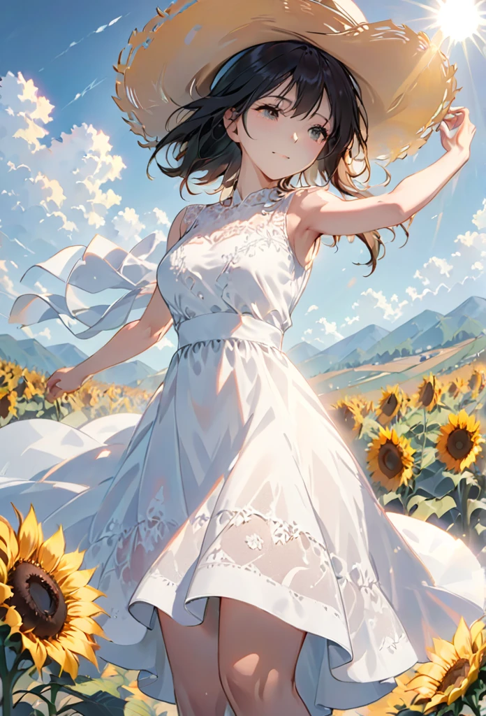 send,1 Girl,Solitary, (White lace dress:1.2),floating dress (Sun hat:1.2), Sunflower fields, under the sun, A faint smile,looking at the audience, wind, Dynamic, Strong light and shadow,Dynamic pose,