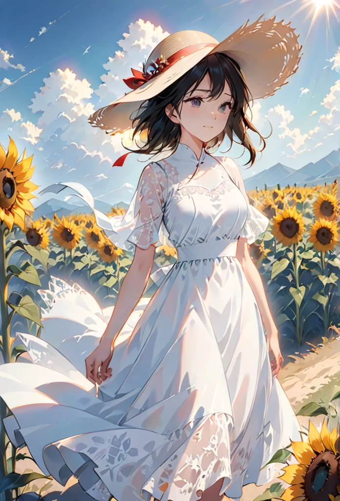 send,1 Girl,Solitary, (White lace dress:1.2),floating dress (Sun hat:1.2), Sunflower fields, under the sun, A faint smile,looking at the audience, wind, Dynamic, Strong light and shadow,Dynamic pose,