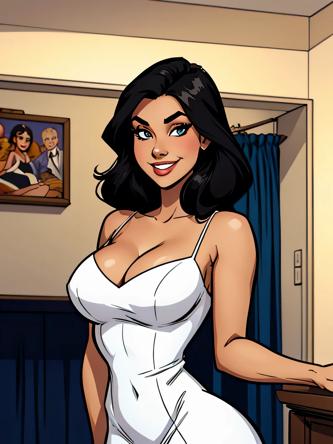 Thin woman, beautiful smiling, elegant white dress, black hair, eyes browns, busty. comic style.