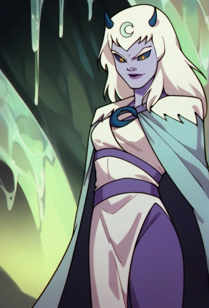 score_9, score_8_up, score_7_up, score_6_up, score_5_up, score_4_up, a girl in the frozen cave, chilla, thundercats, icicles, standing, colored skin, cape, white hair, long hair, solo, black sclera, yellow eyes, score_9, source_anime