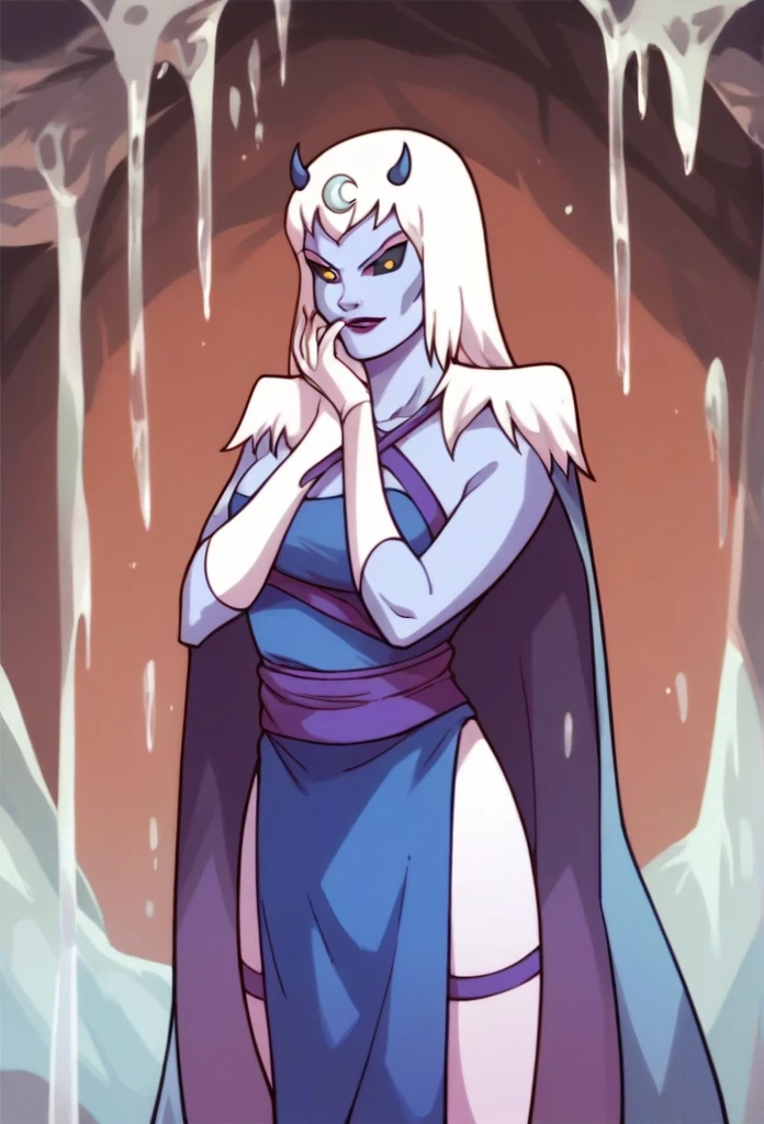 score_9, score_8_up, score_7_up, score_6_up, score_5_up, score_4_up, a girl in the frozen cave, chilla, thundercats, icicles, standing, colored skin, cape, white hair, long hair, solo, black sclera, yellow eyes, score_9, source_anime