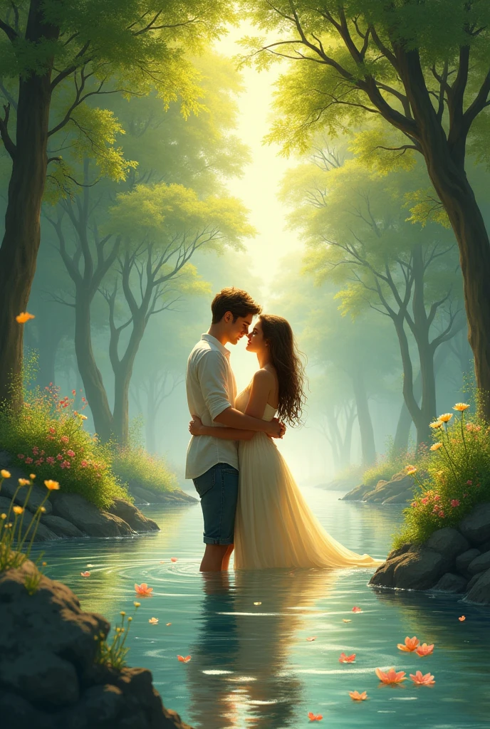 Two people in love in a river, enjoying their courtship with a landscape with many trees and birds