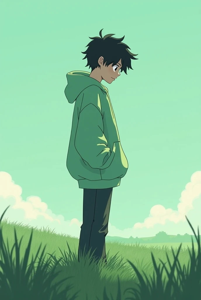 masterpiece, Alone, loly boy with a pastel green oversize hoodie anime of profile full body, dark black eyes, in a grass biome plane with a some thres, loking for right
