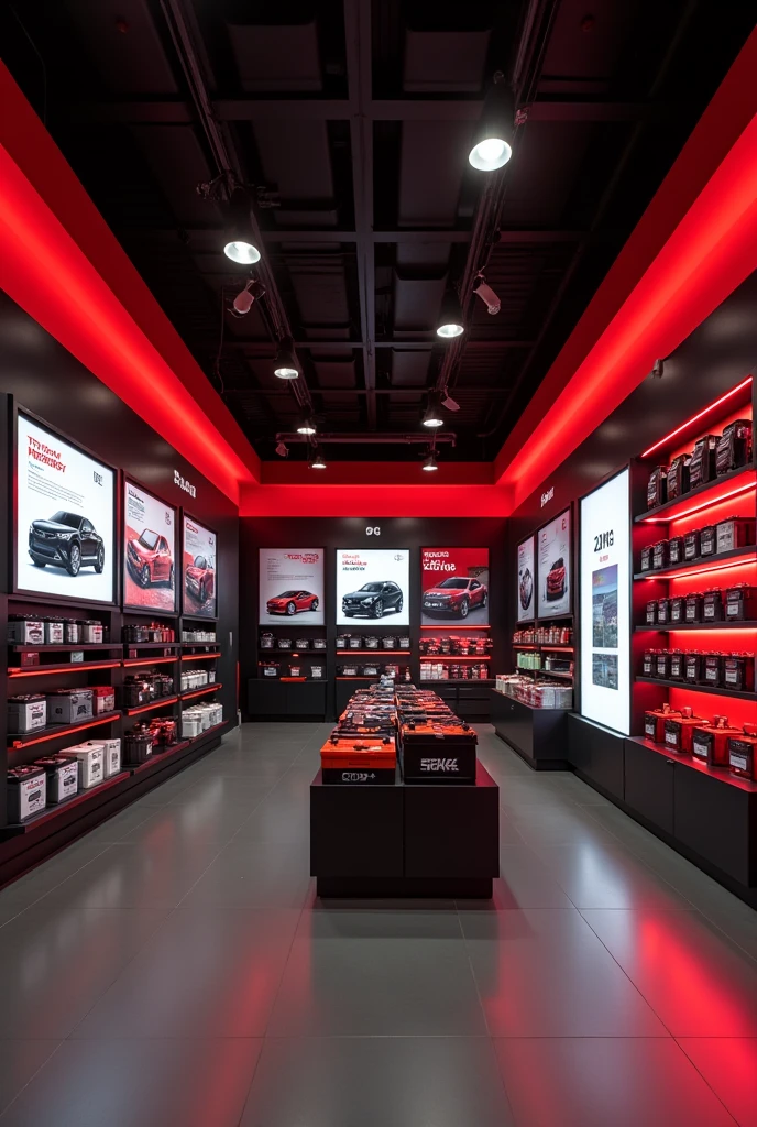 I want to open a business selling car batteries, that it is a modern place, that red and black colors predominate, with posters on the walls, shelves with batteries, a piece of furniture with car accessories.
I want a 360 view of the inside of the day's business