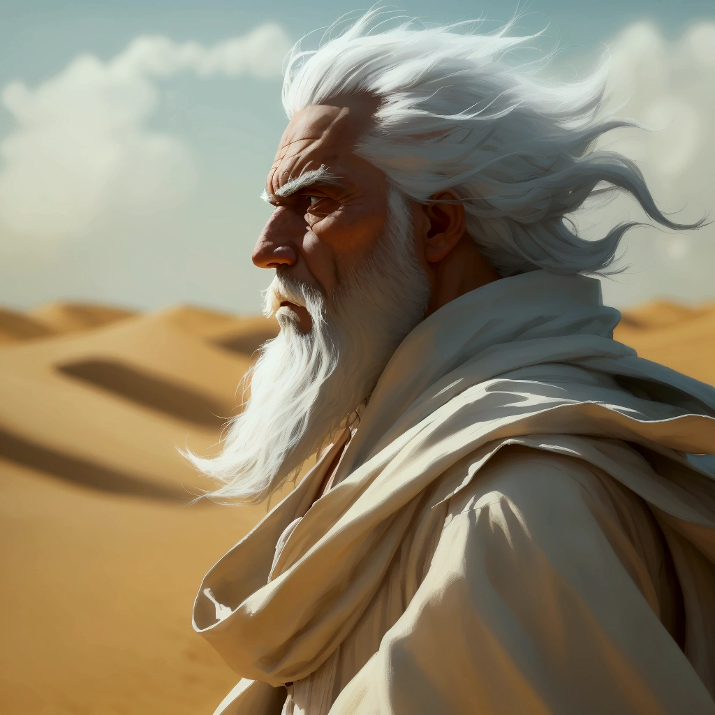 A strong man with white hair and beard, dramatic image, the man is wearing a white robe walking through the desert , a warrior wizard