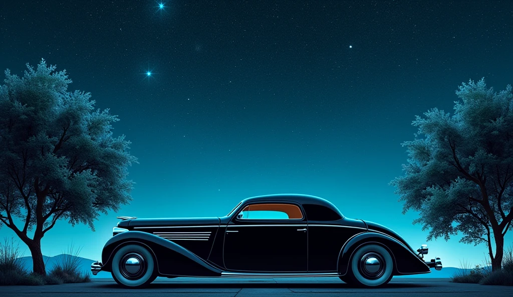 Horizontal image of a vintage car in the night sky standing in front of the cyan coloured tree and at the behind the whole sky is black and many stars are there in the sky