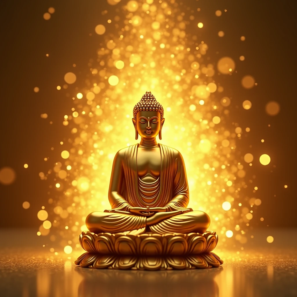 Generate an image that has a Buddha in Gold, sparkles around and a warm light.