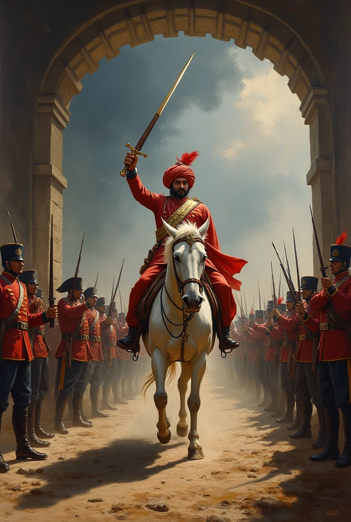 18th century Tipu Sultan of Mysore wearing a rose turban holding a turkish  arched steel sword in right hand riding a white horse surrounded  by his soldiers  emerging from an Indian stone arched dark tunnel charging towards the British soldiers in red uniform who are targeting and firing with muskets

