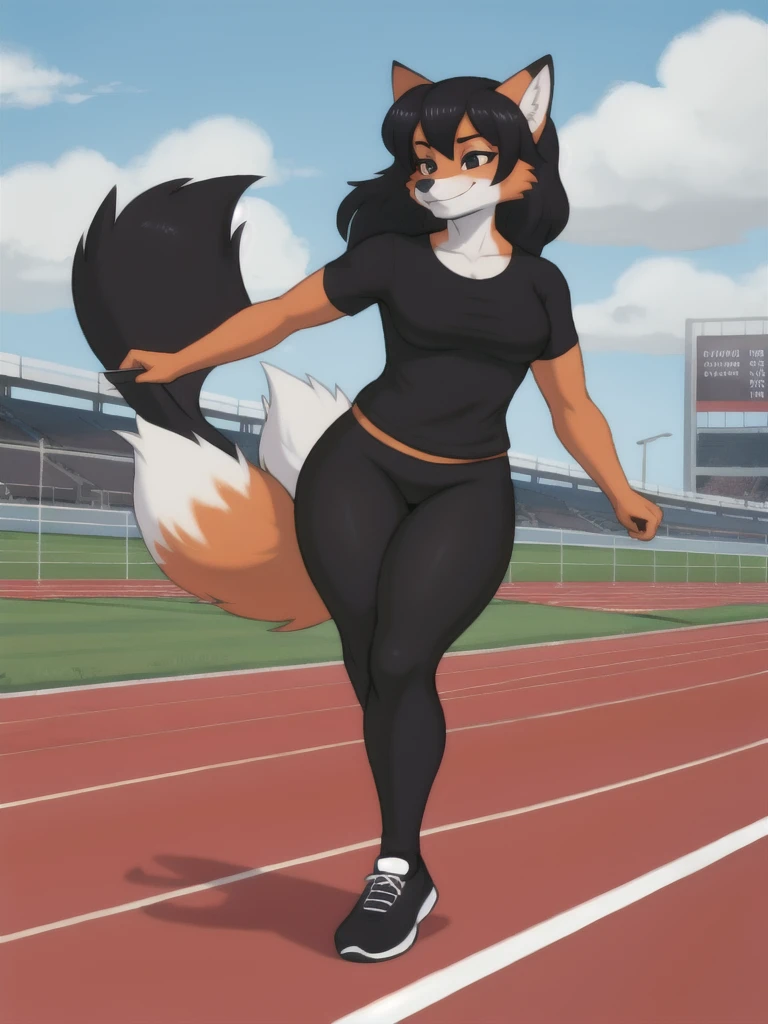 Furry, fox, female, black shirt, black leggings, shoes, running track, friends, full body